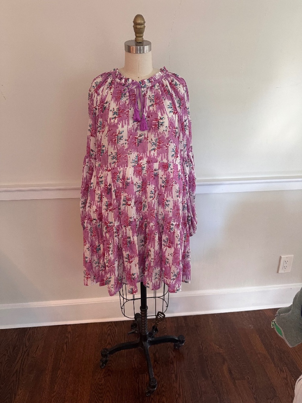 Oliphant Pink Purple Tiered Mini Dress Tassel Neckline Size M NWT